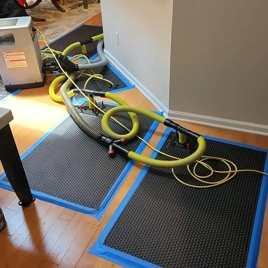 Floor drying mats pulling water out of hardwood after a leak